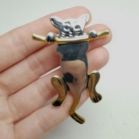 Vintage Hang in There Cat Brooch, Hanging from Brang, Silver Tone Kitten Pin - Picture 2 of 6